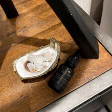 Load image into Gallery viewer, Pure Egyptian Rose Diffusing Oil bottle displayed next to gold glided oyster holding white selenite stones on a wooden and metal background