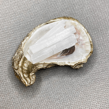 Load image into Gallery viewer, Gold glided oyster holding white Moroccan selenite crystal sticks on a light taupe background